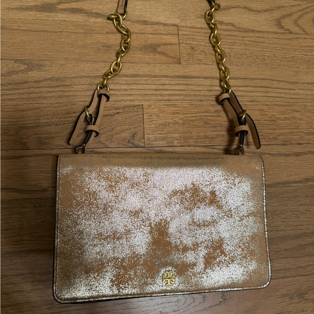 Tory Burch Tan and Gold Shimmer Crossbody Bag